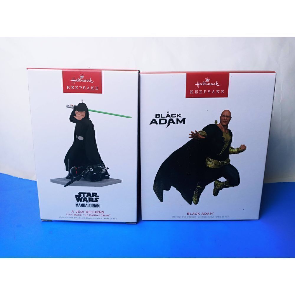 Hallmark 2022 NIB Black Adam + Star Wars Mandalorian Jedi Ornaments